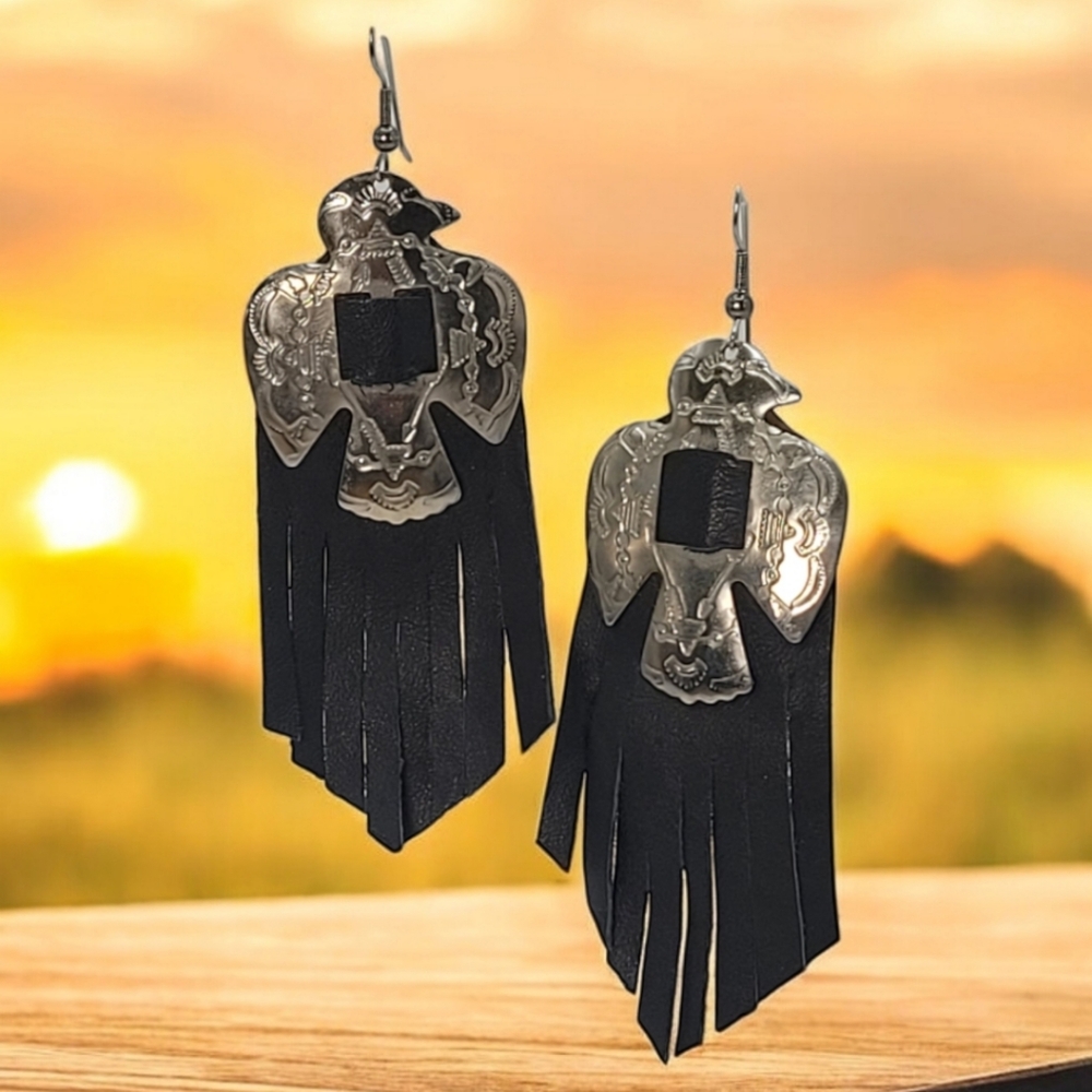 Vintage Thunderbird & Leather Fringe Earrings Silvertone Black Wire Hook 4"